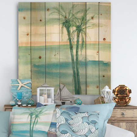 Peaceful Dusk II Tropical - Tropical Print on Natural Pine Wood