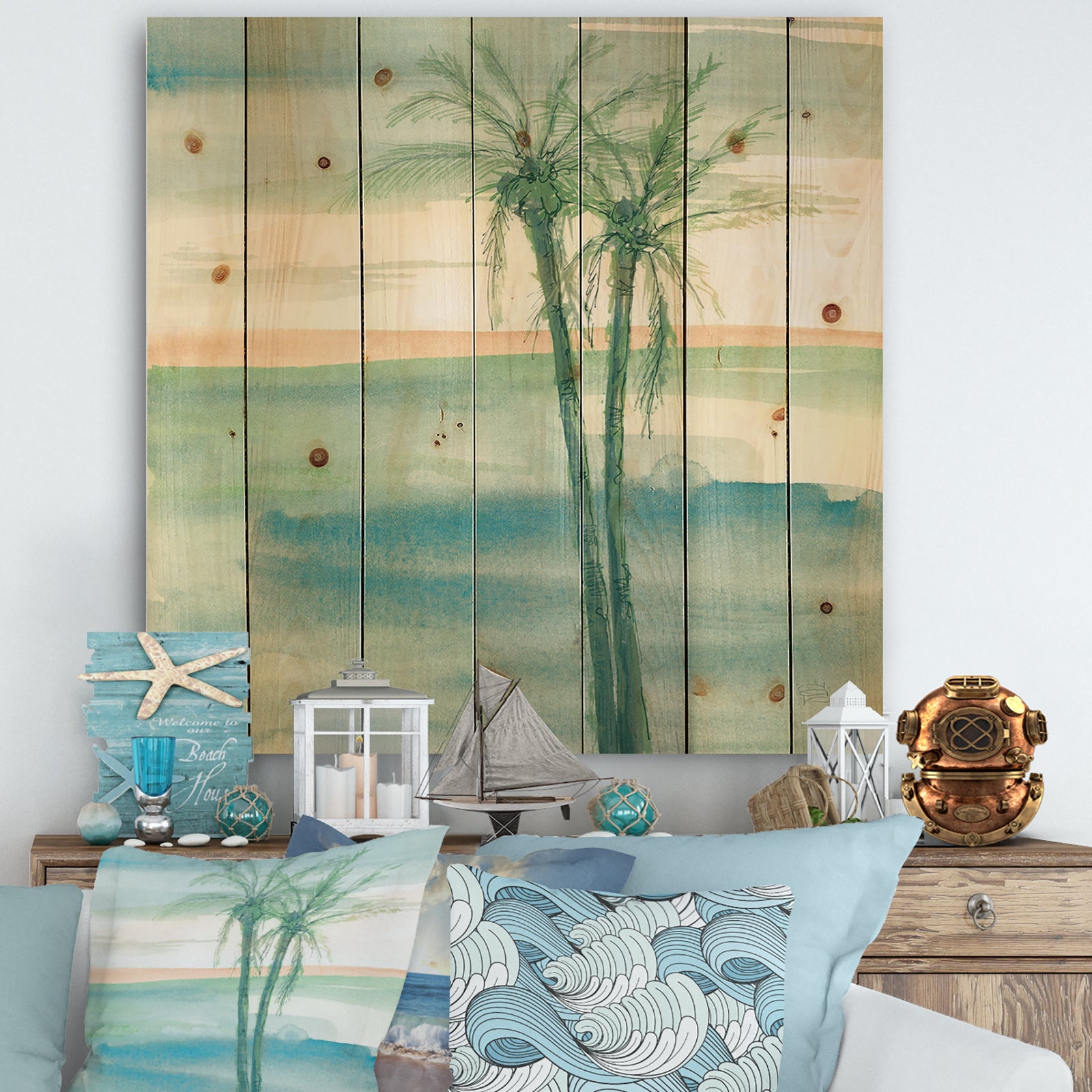 Peaceful Dusk II Tropical - Tropical Print on Natural Pine Wood