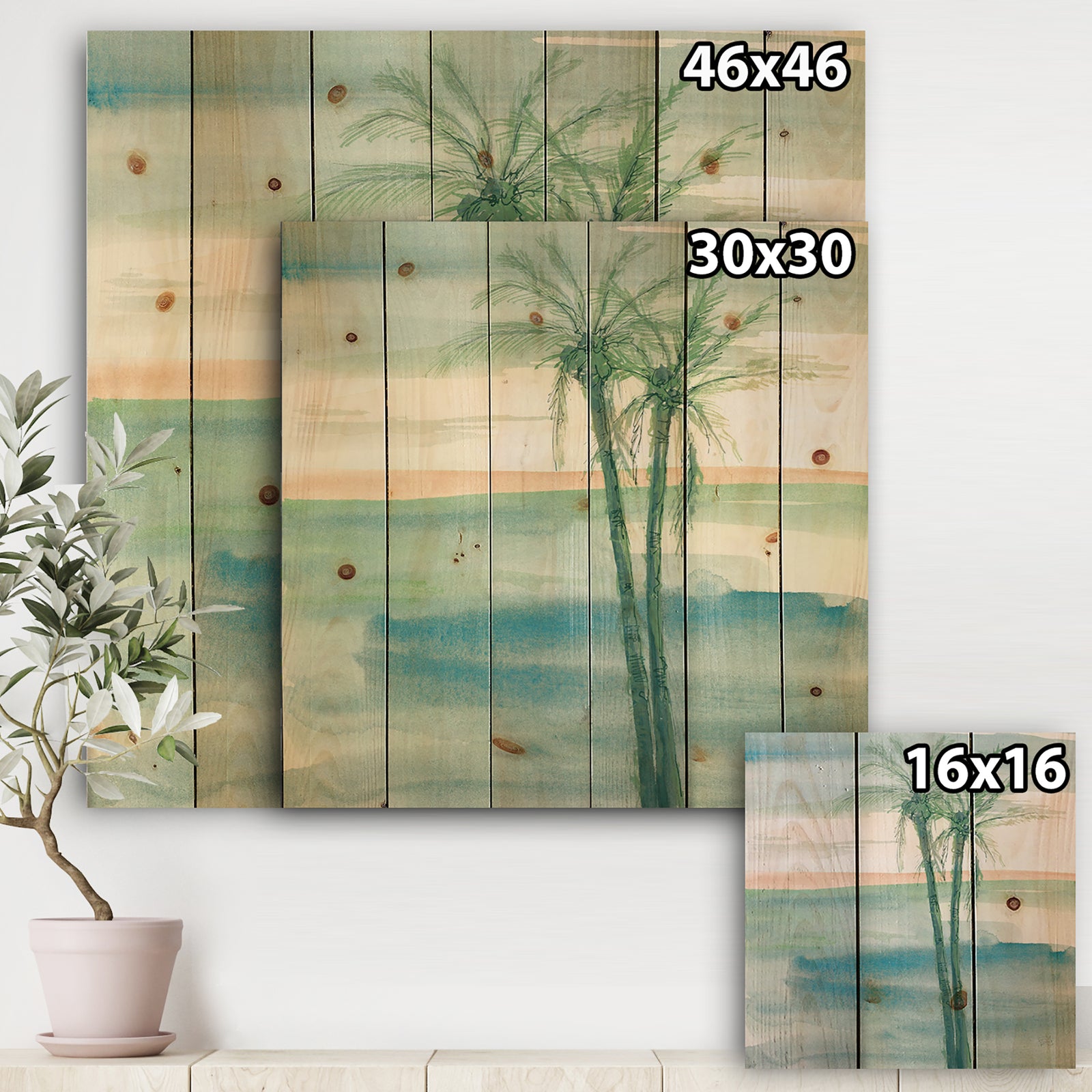 Peaceful Dusk II Tropical - Tropical Print on Natural Pine Wood