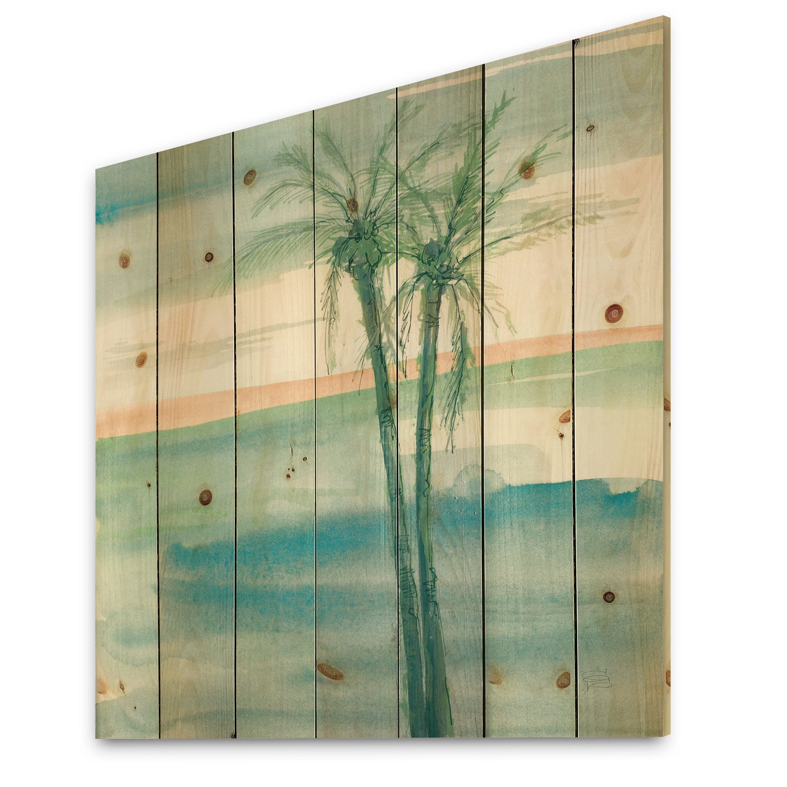 Peaceful Dusk II Tropical - Tropical Print on Natural Pine Wood