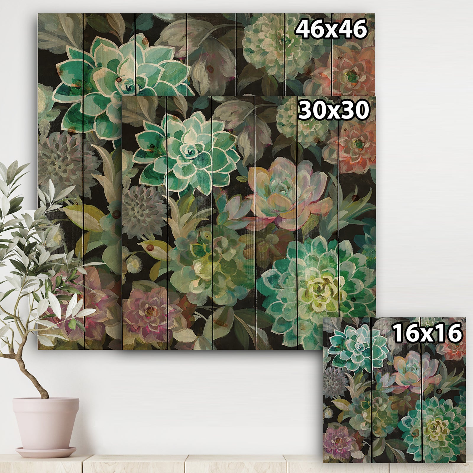 Floral Succulents - Traditional Print on Natural Pine Wood