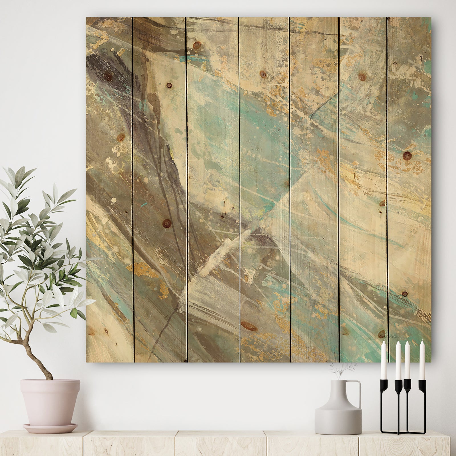 Blue Geometric Water - Modern & Contemporary Print on Natural Pine Wood