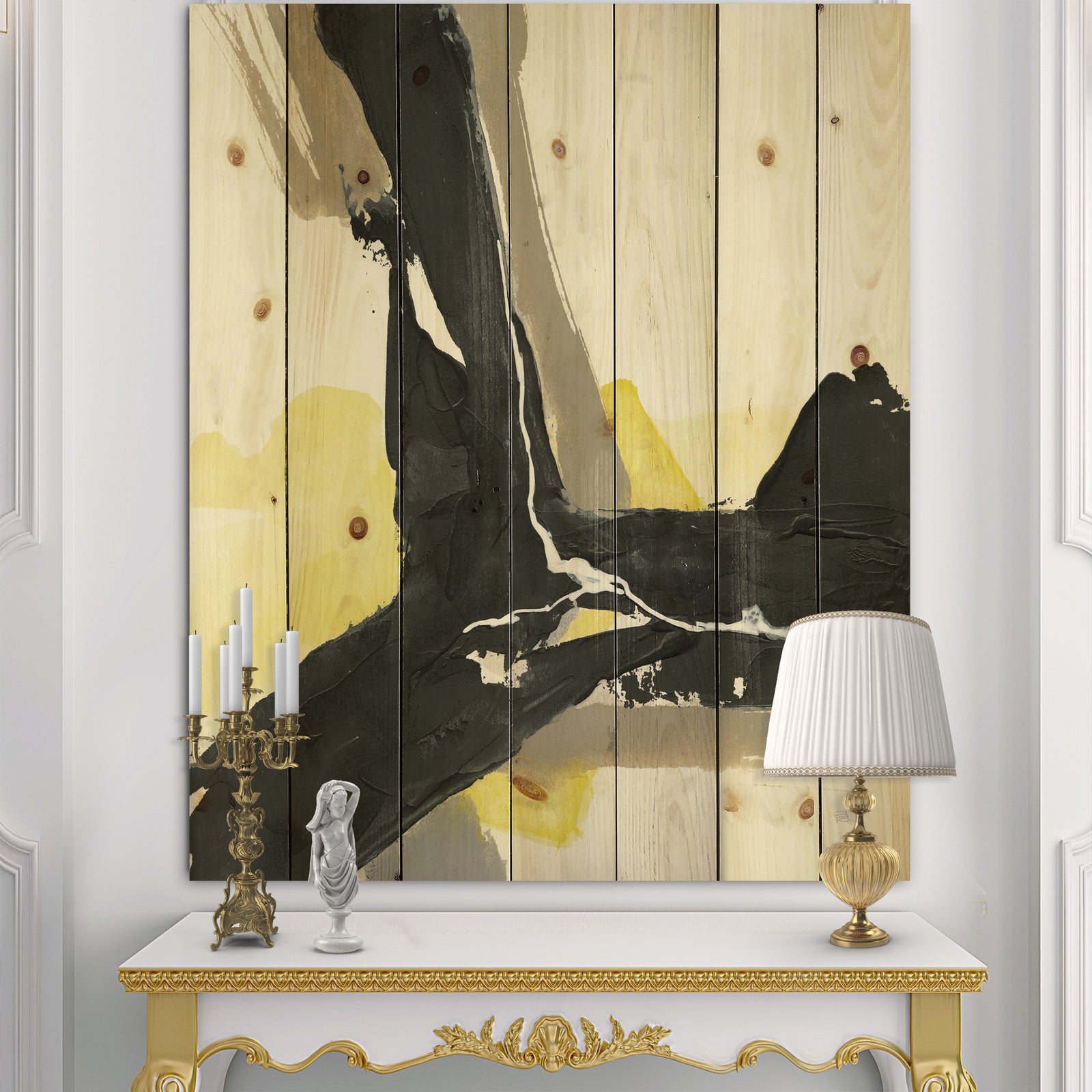 Glam Black and Yellow I - Modern & Contemporary Print on Natural Pine Wood