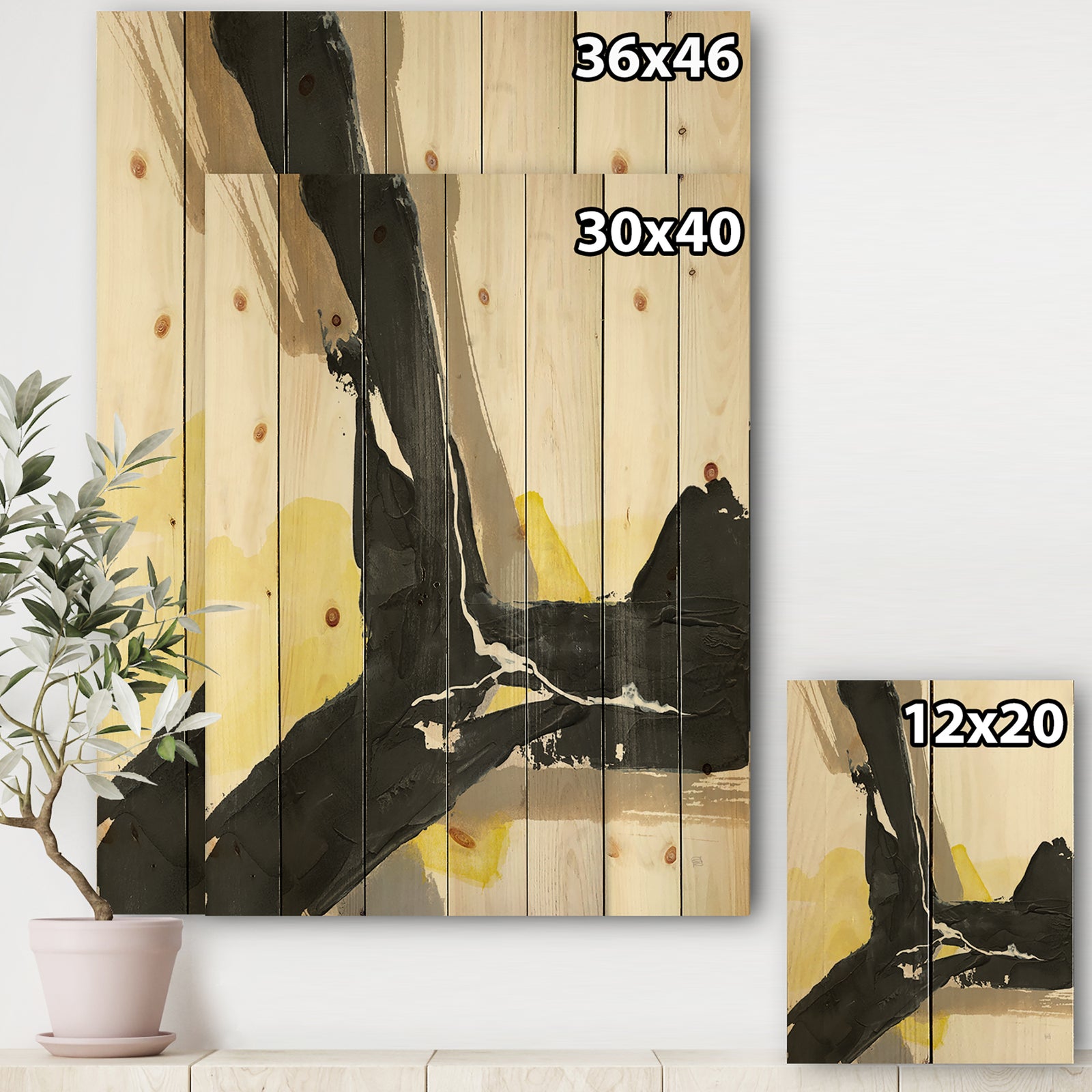 Glam Black and Yellow I - Modern & Contemporary Print on Natural Pine Wood