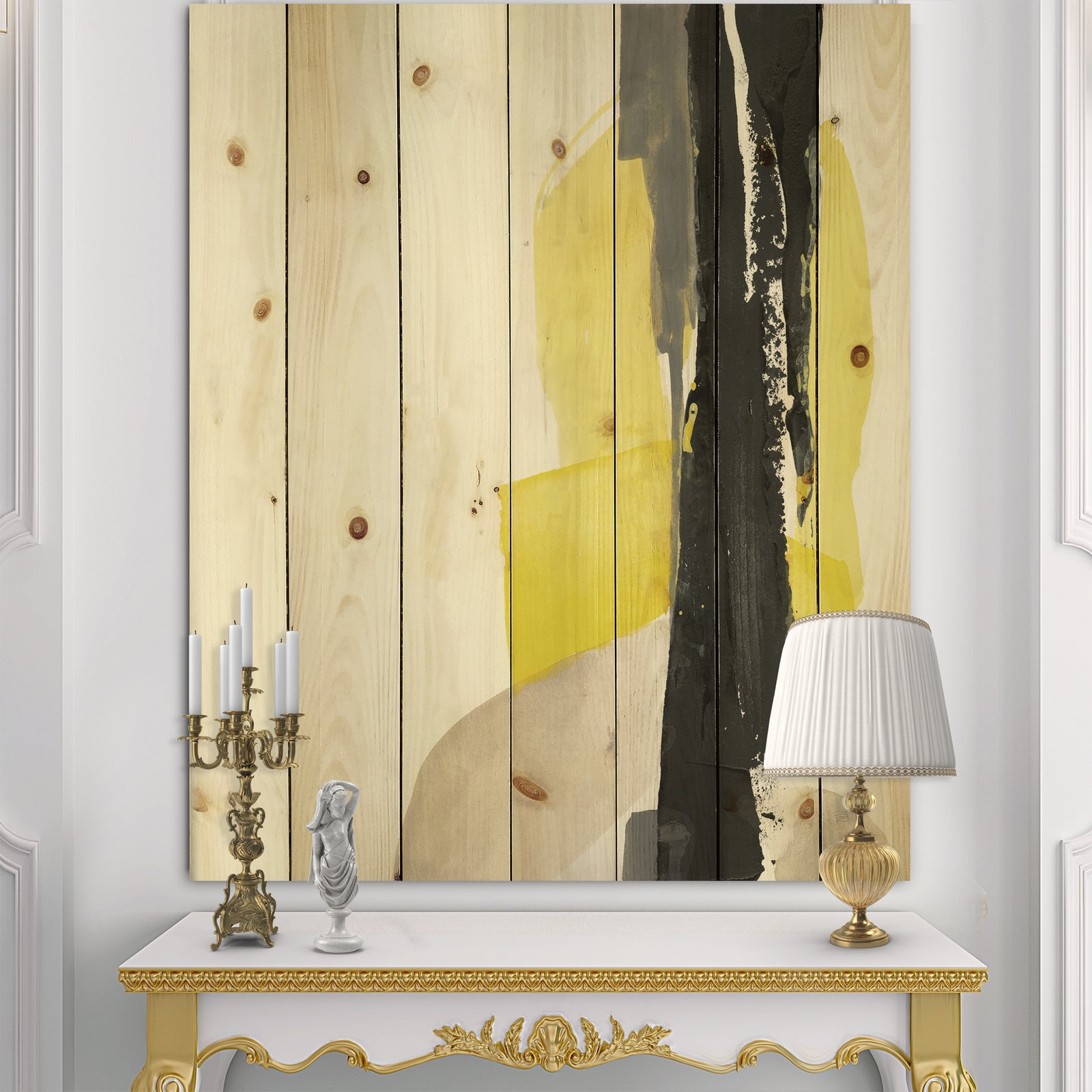 Glam Black and Yellow III - Modern & Contemporary Print on Natural Pine Wood