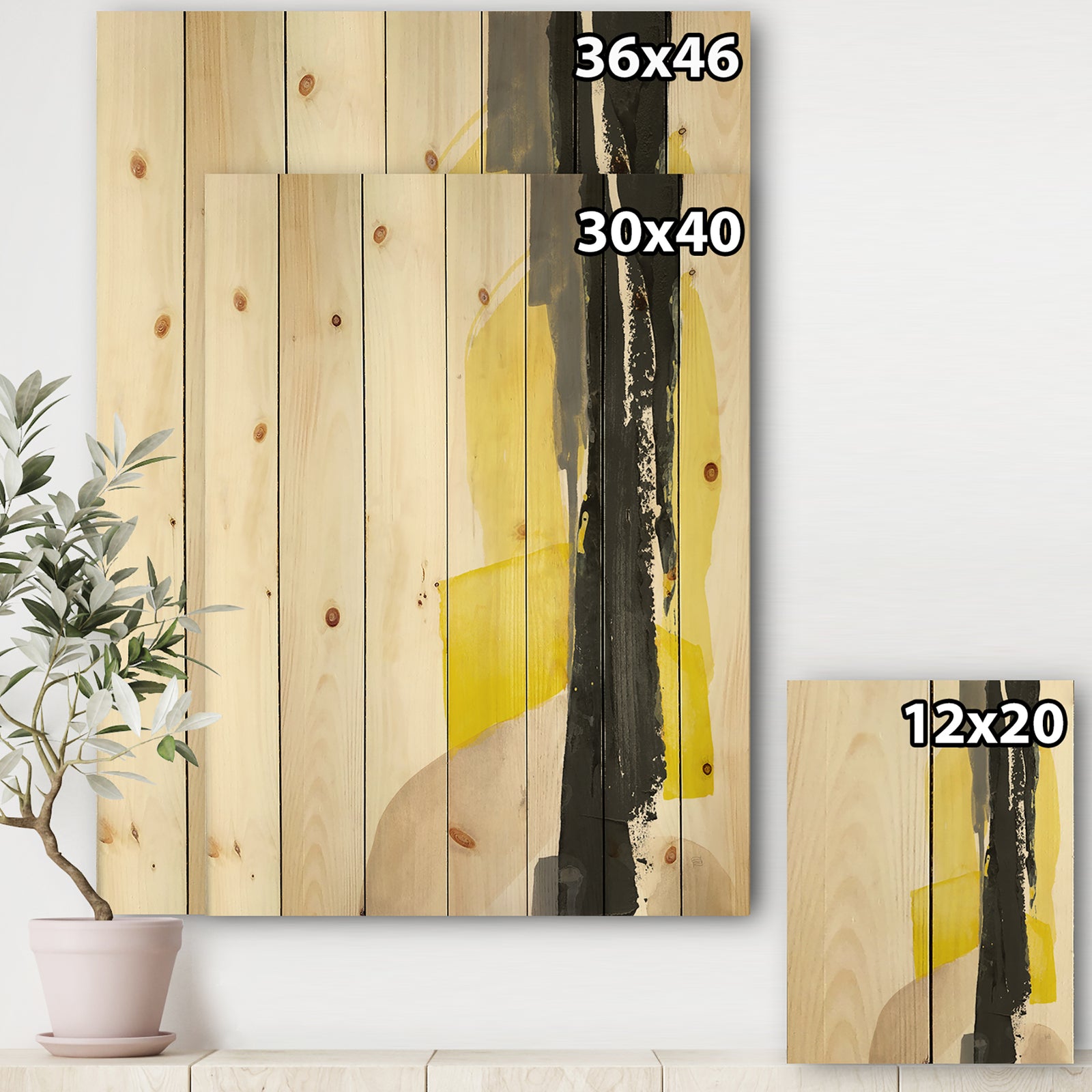 Glam Black and Yellow III - Modern & Contemporary Print on Natural Pine Wood
