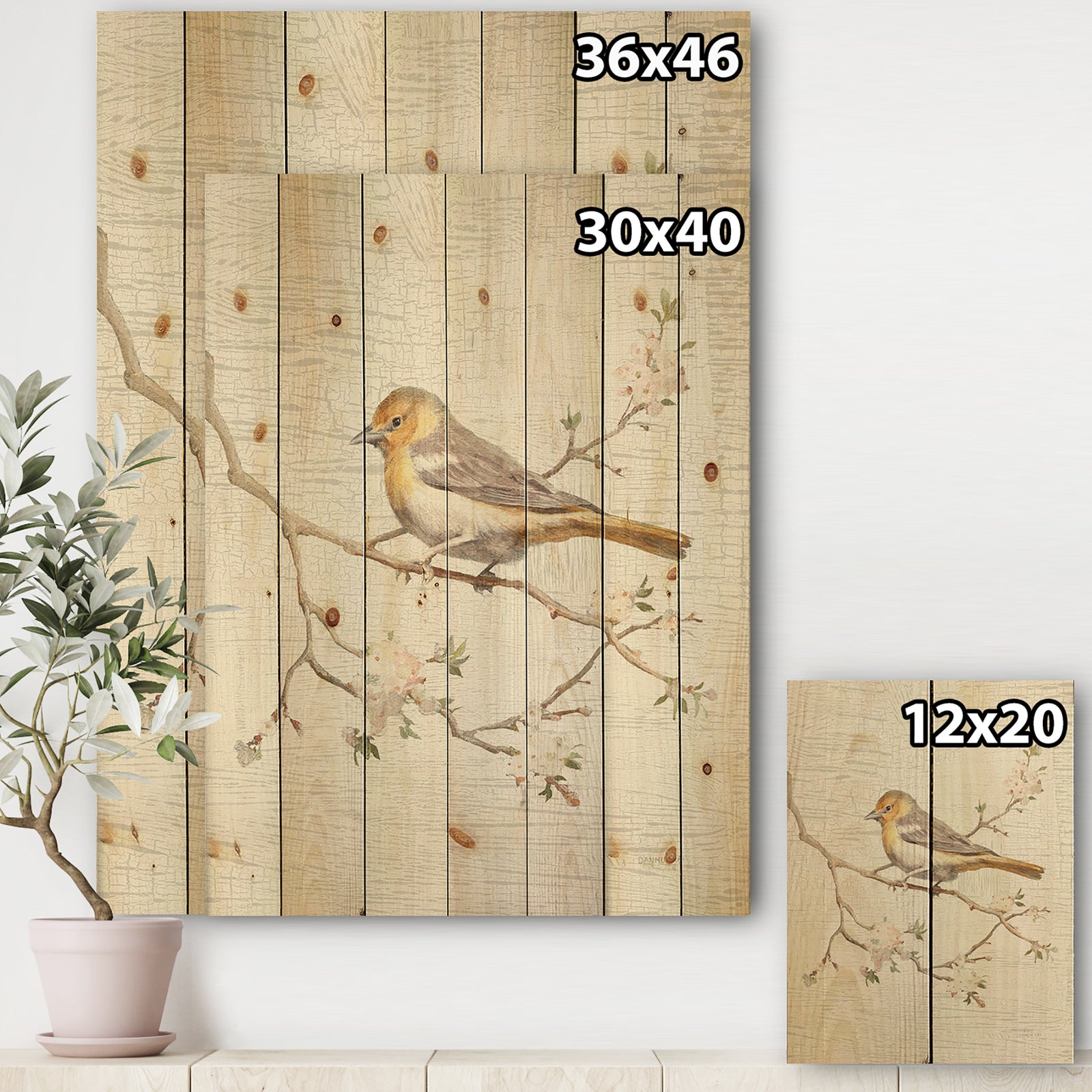 Birds on Blossom II - Farmhouse Print on Natural Pine Wood