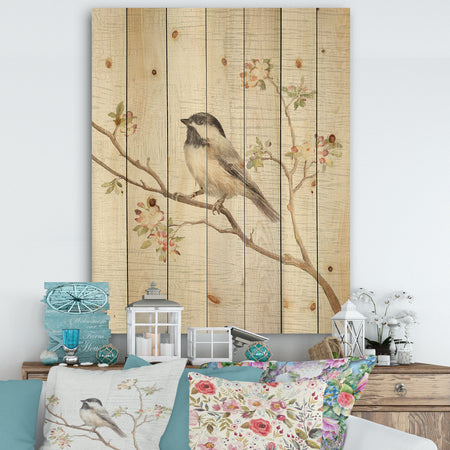 Birds on Blossom I - Farmhouse Print on Natural Pine Wood