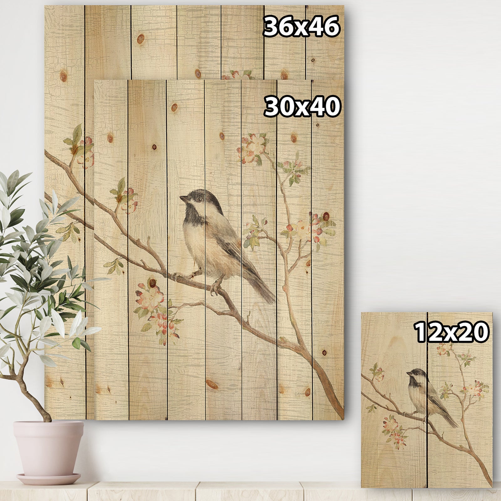 Birds on Blossom I - Farmhouse Print on Natural Pine Wood