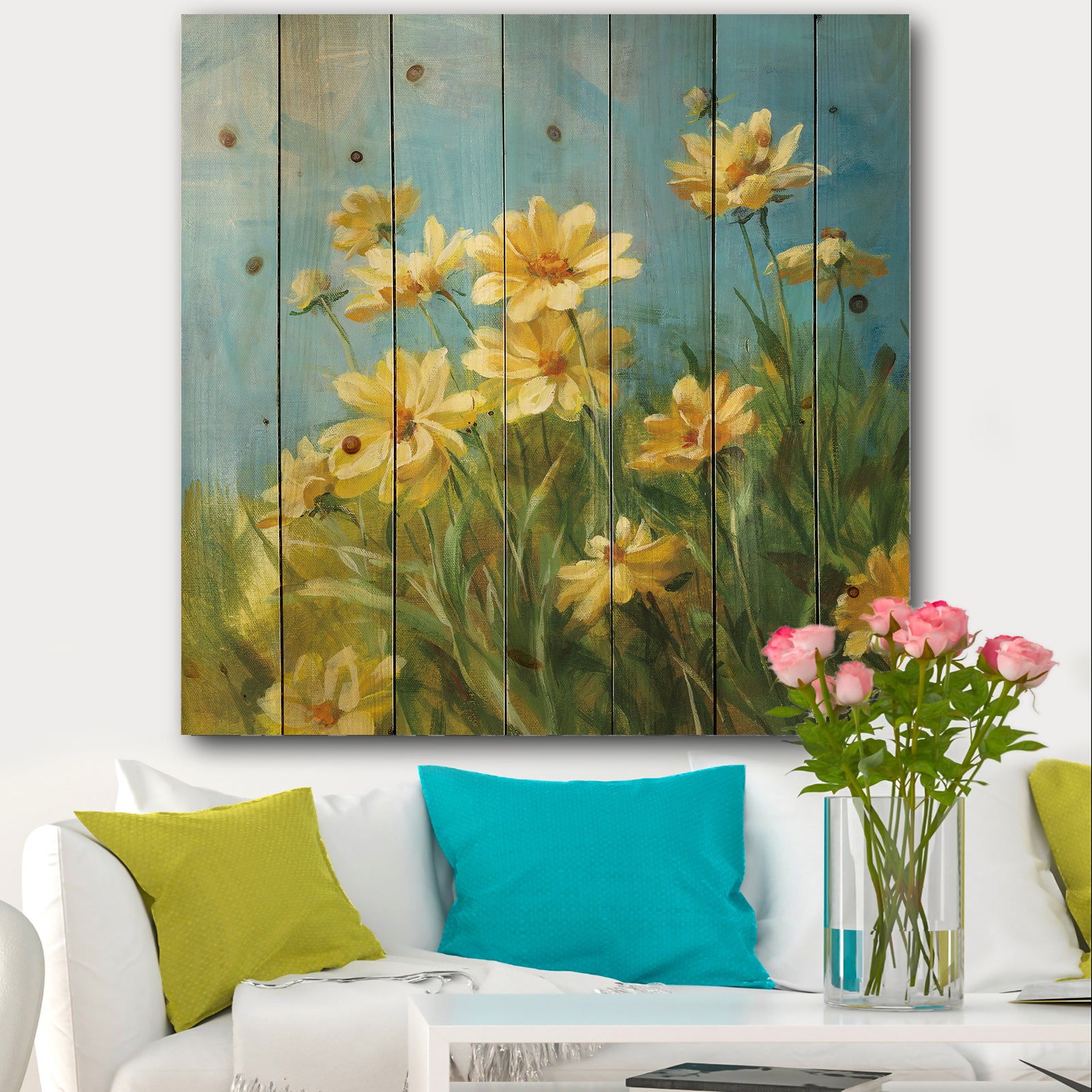 Summer Field I - Traditional Print on Natural Pine Wood
