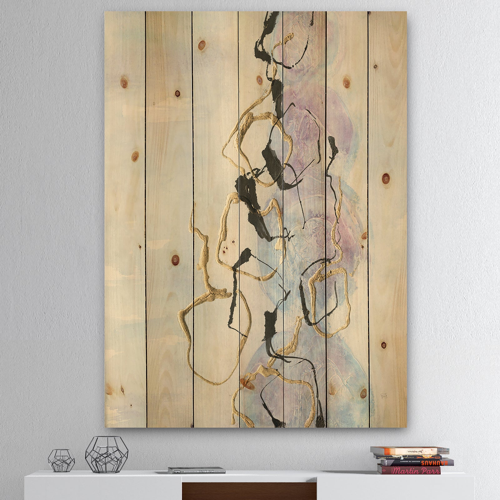 Gold Lines on Pastel I - Modern Glam Print on Natural Pine Wood