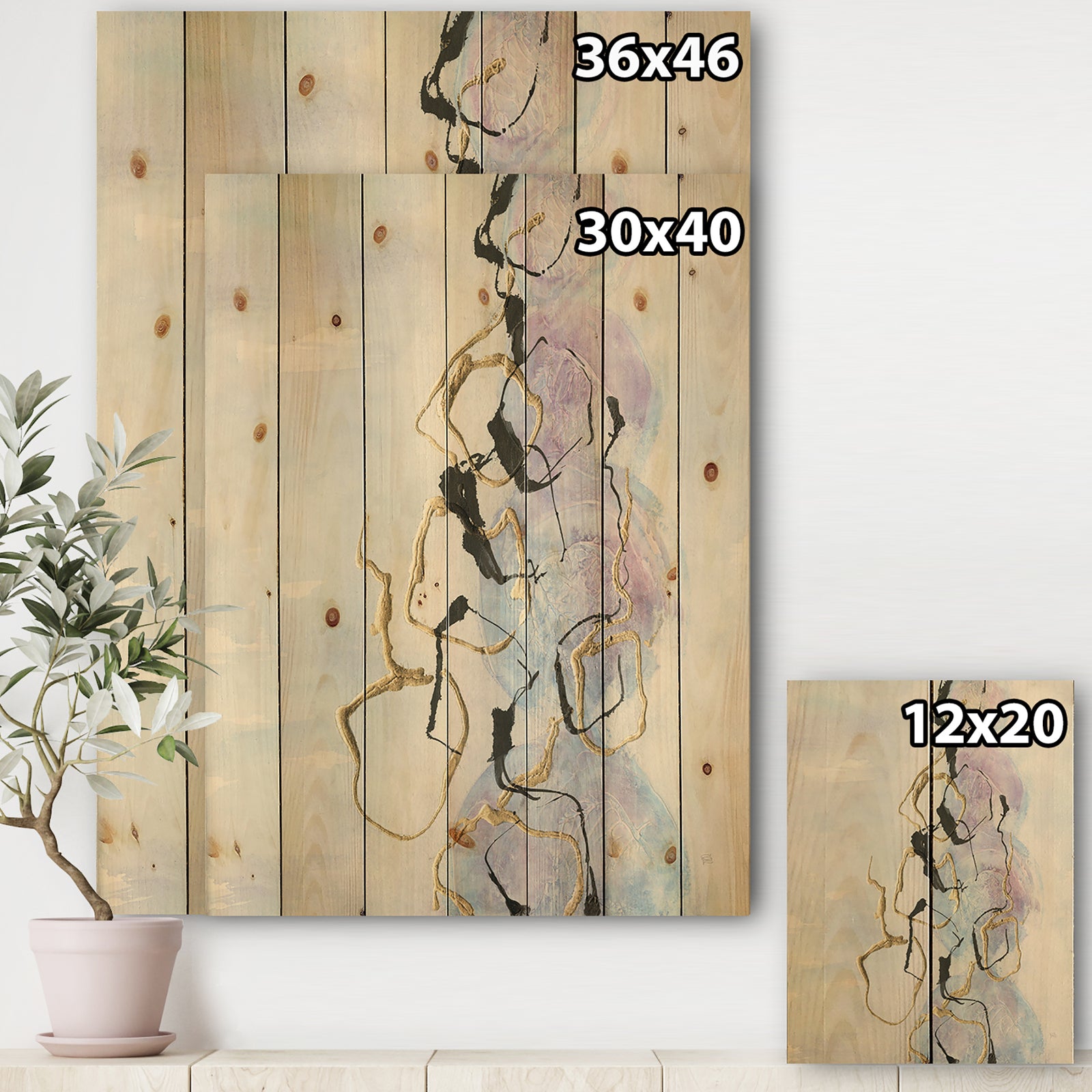 Gold Lines on Pastel I - Modern Glam Print on Natural Pine Wood
