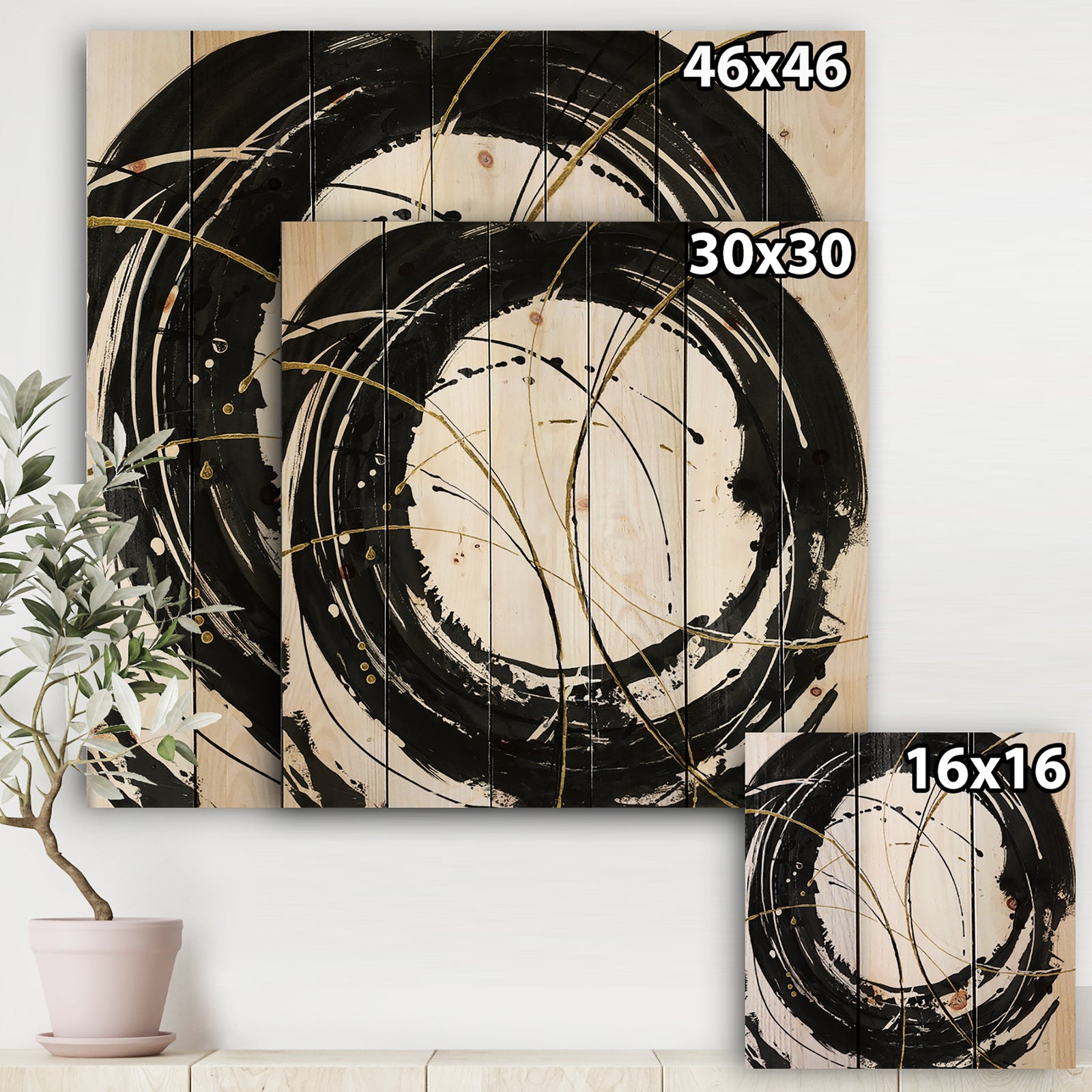 Gold Metallic Circle - Modern Glam Print on Natural Pine Wood