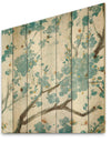 Teal Cherry Blossoms I - Traditional Floral Print on Natural Pine Wood