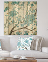 Teal Cherry Blossoms I - Traditional Floral Print on Natural Pine Wood