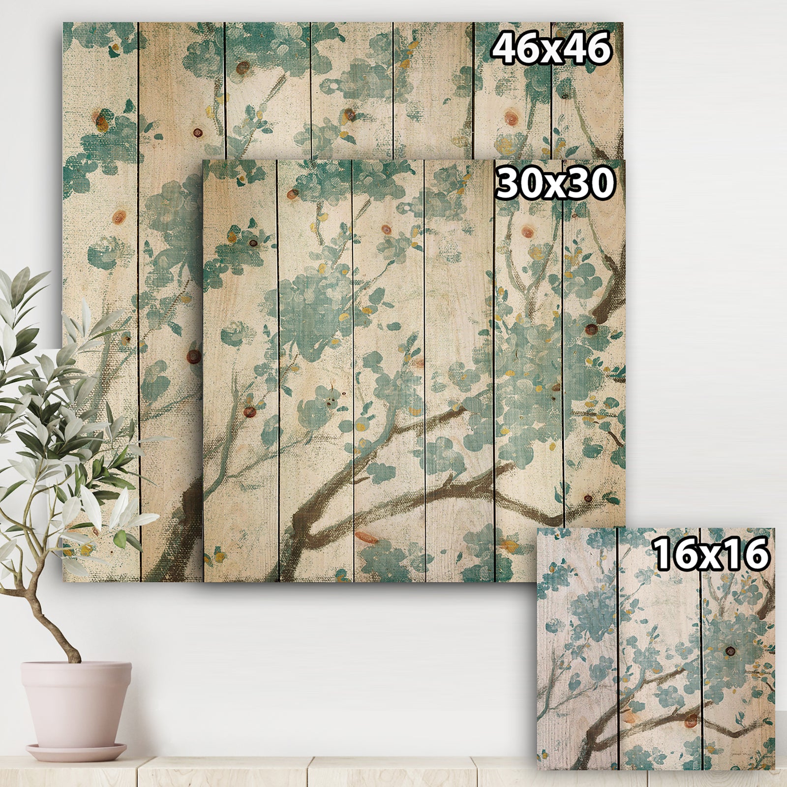 Teal Cherry Blossoms I - Traditional Floral Print on Natural Pine Wood