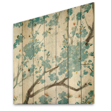 Teal Cherry Blossoms I - Traditional Floral Print on Natural Pine Wood