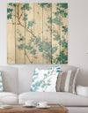 Teal Cherry Blossoms II - Traditional Floral Print on Natural Pine Wood