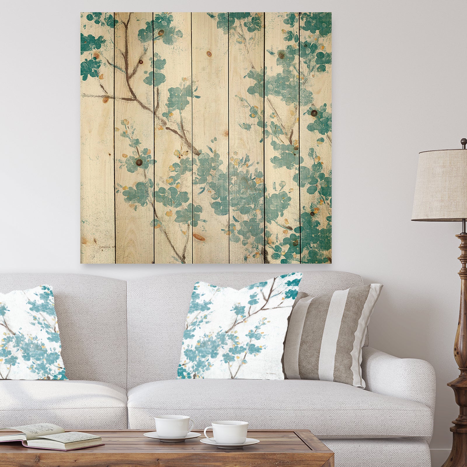 Teal Cherry Blossoms II - Traditional Floral Print on Natural Pine Wood
