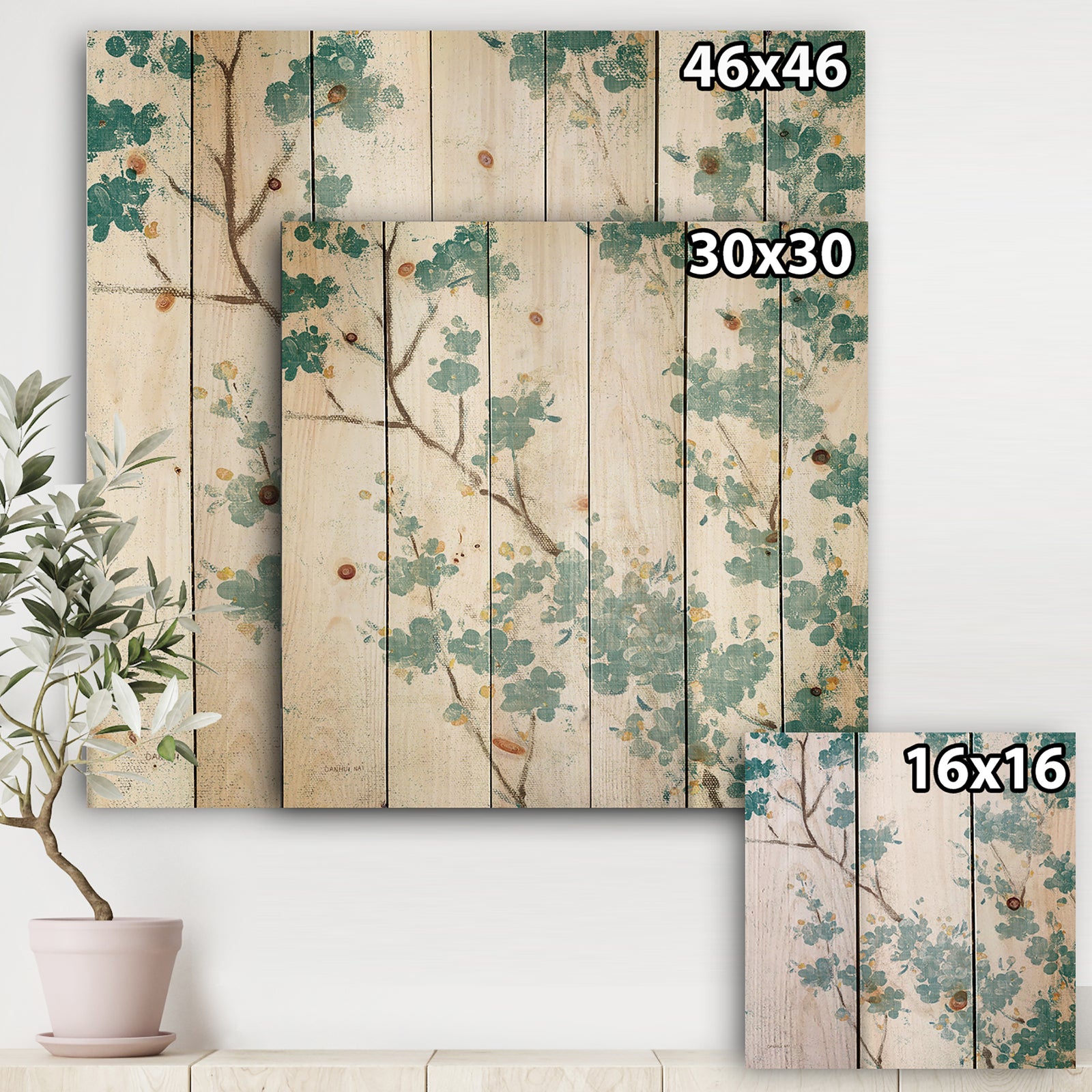 Teal Cherry Blossoms II - Traditional Floral Print on Natural Pine Wood