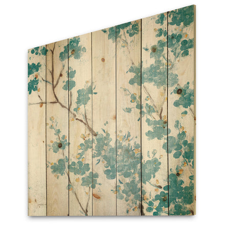 Teal Cherry Blossoms II - Traditional Floral Print on Natural Pine Wood