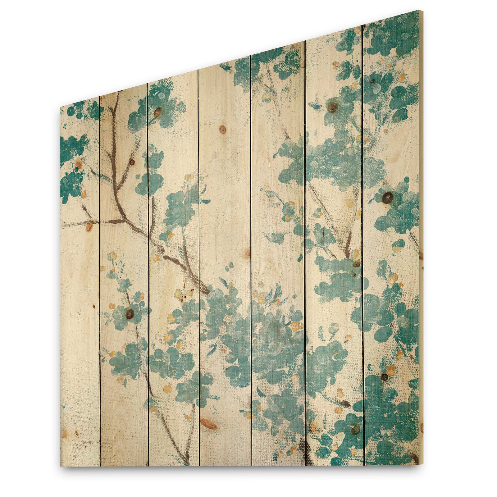 Teal Cherry Blossoms II - Traditional Floral Print on Natural Pine Wood