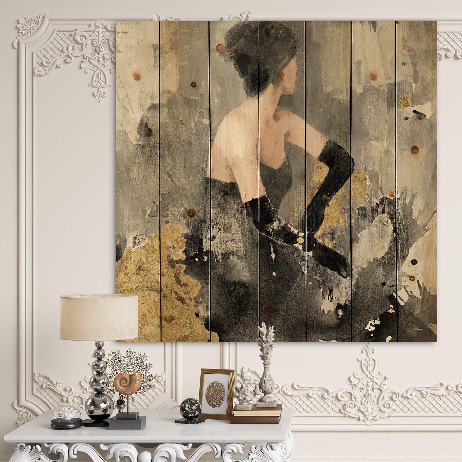 Gold Fashion Dance - Traditional Print on Natural Pine Wood