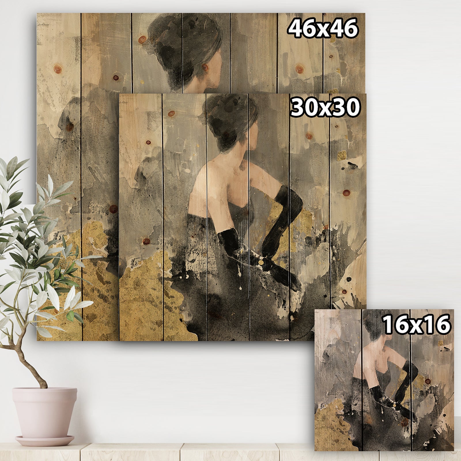 Gold Fashion Dance - Traditional Print on Natural Pine Wood