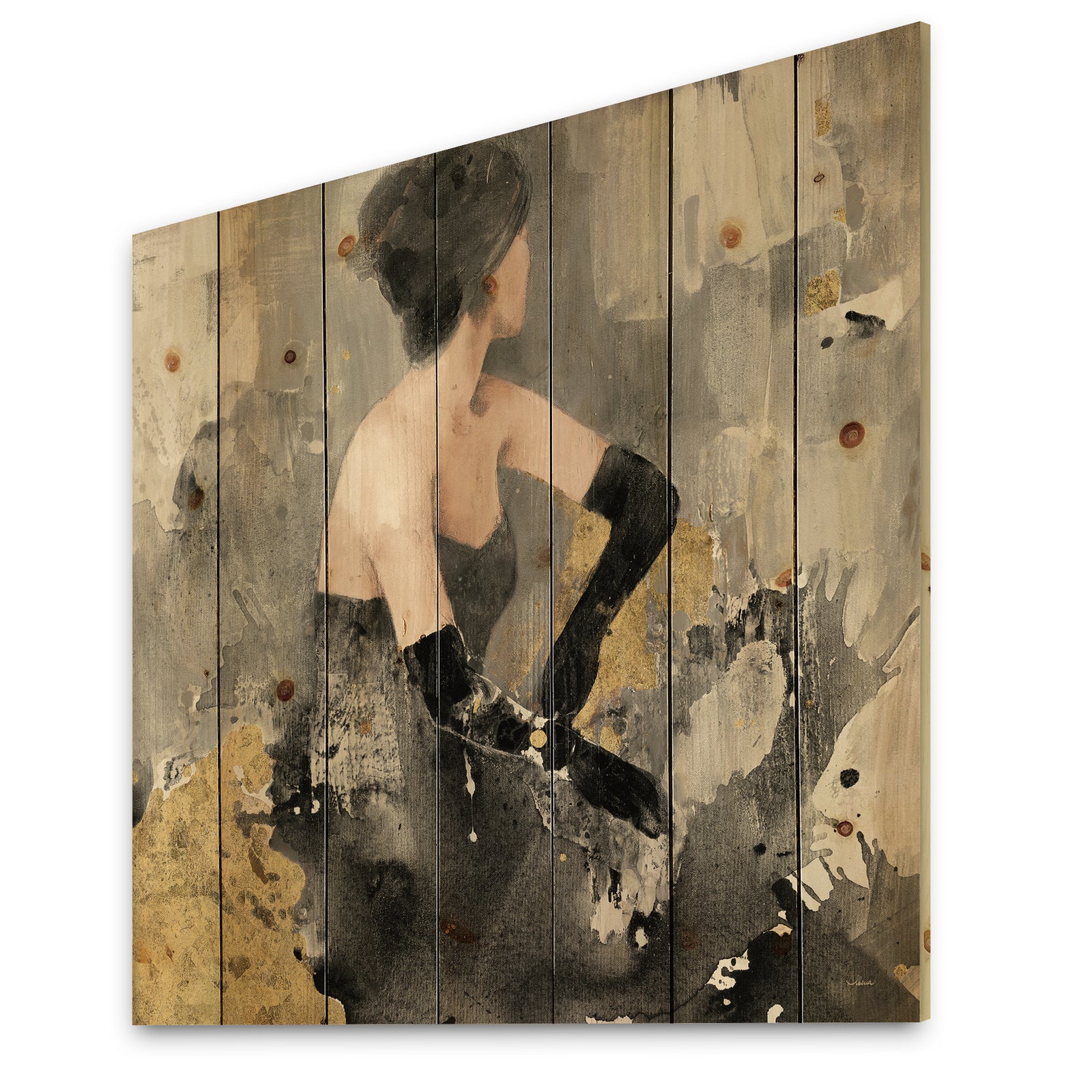 Gold Fashion Dance - Traditional Print on Natural Pine Wood