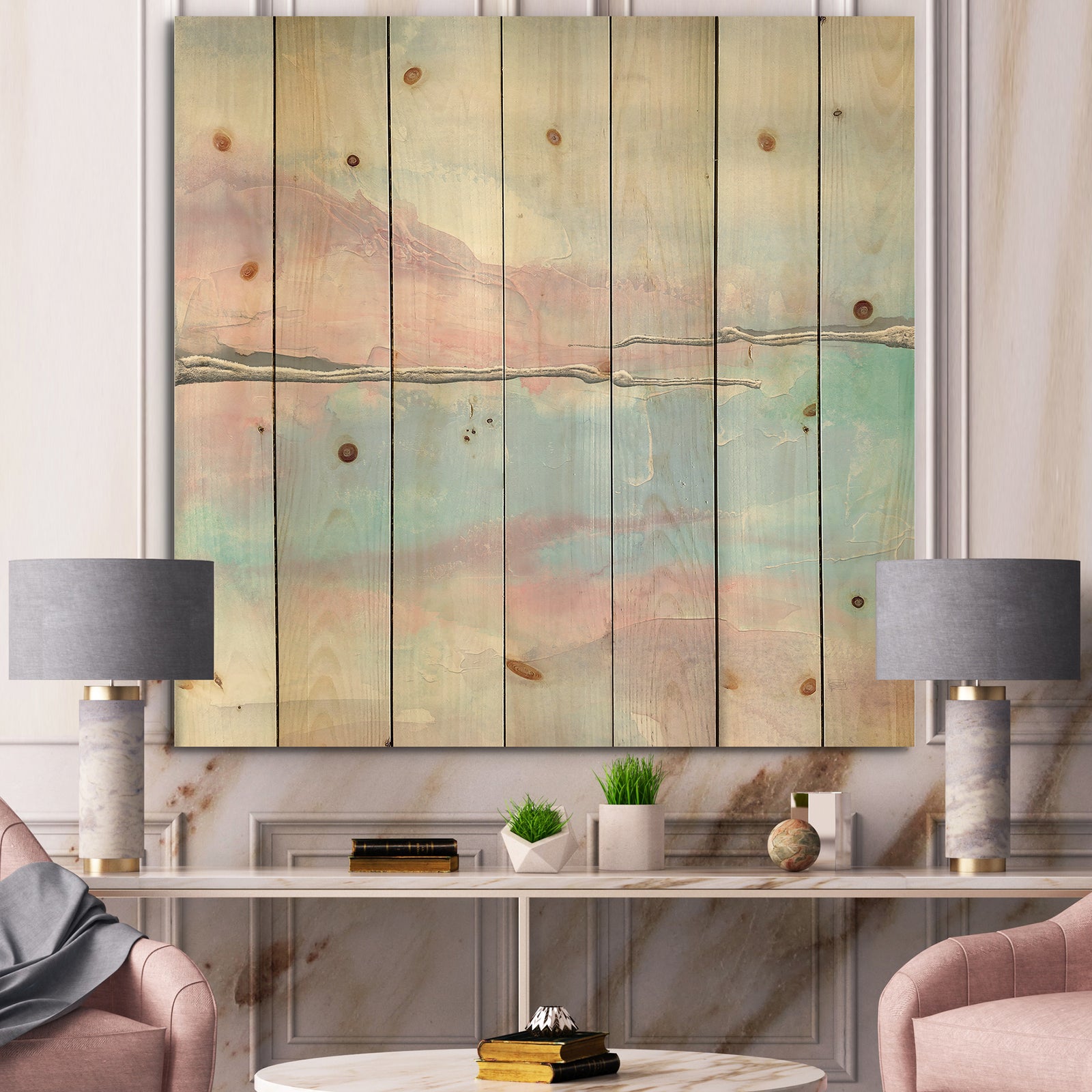 Metallic Shabby Pink I - Shabby Chic Print on Natural Pine Wood