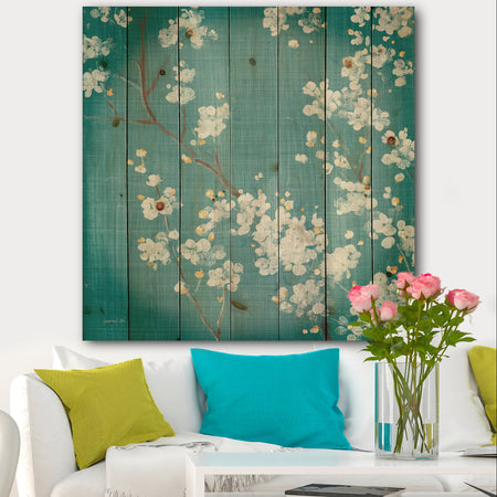 Blue Cherry Blossoms I - Cabin & Lodge Print on Natural Pine Wood