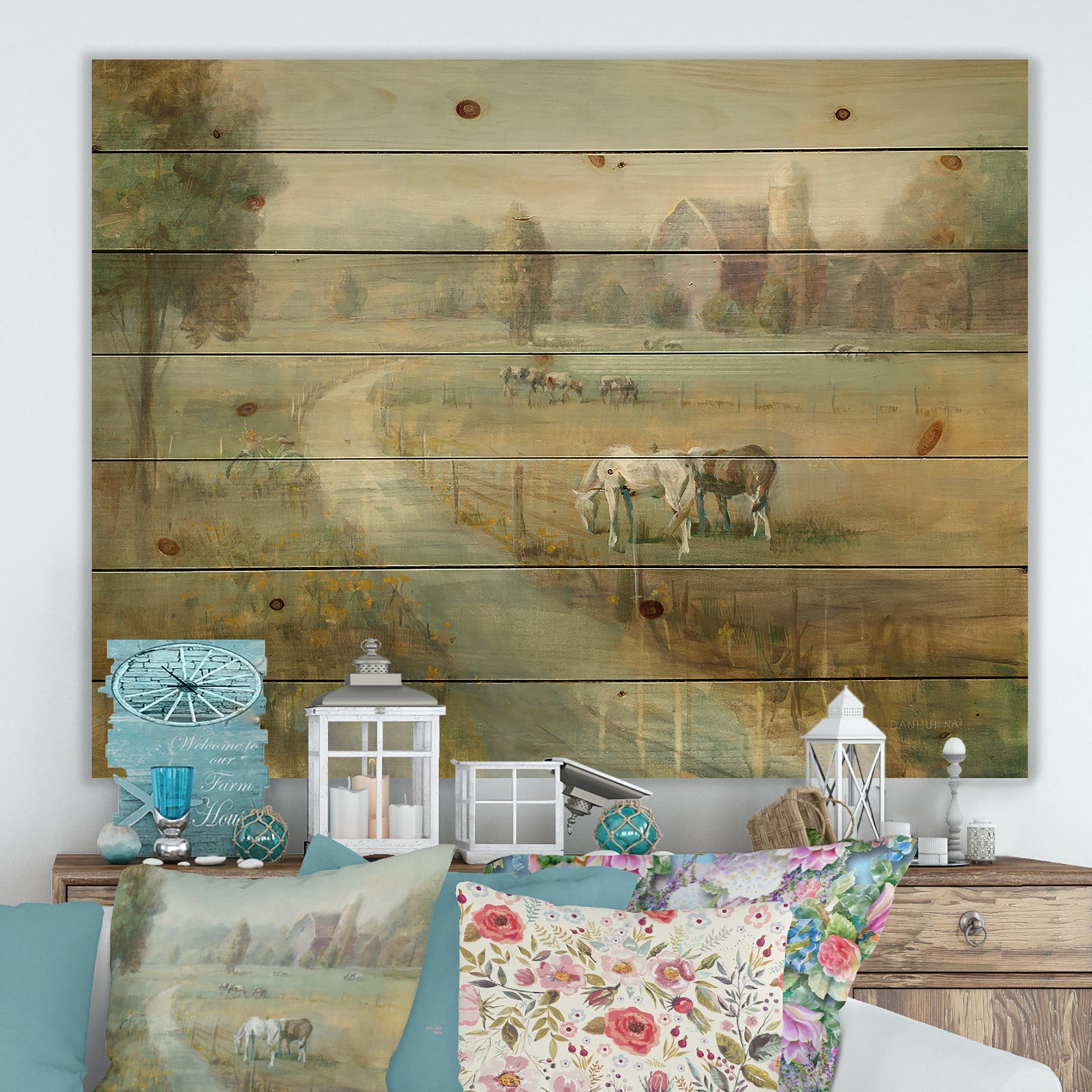 Tranquil Country Field - Farmhouse Print on Natural Pine Wood