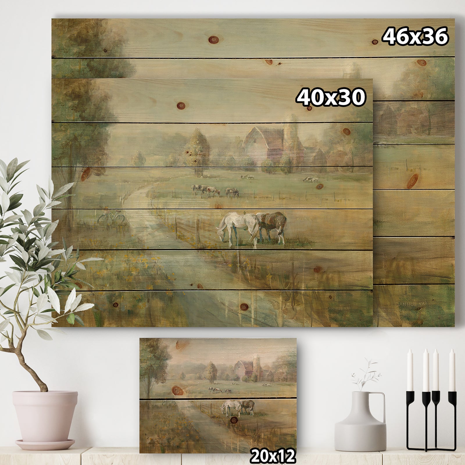Tranquil Country Field - Farmhouse Print on Natural Pine Wood