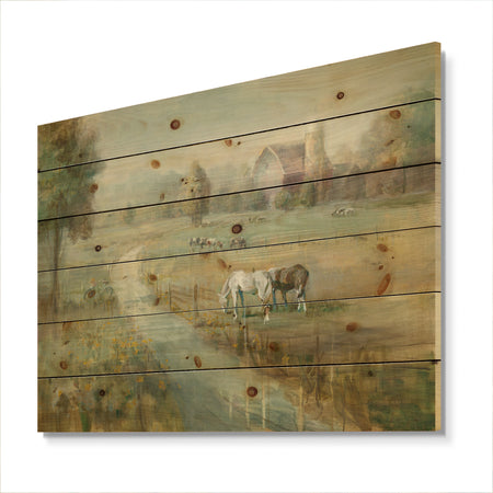 Tranquil Country Field - Farmhouse Print on Natural Pine Wood