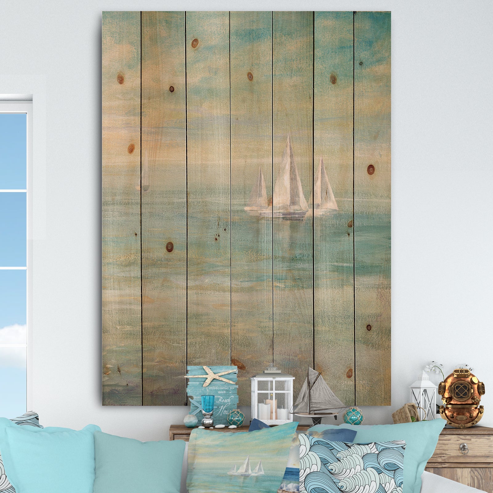 Sunrise Boat II - Nautical & Coastal Print on Natural Pine Wood