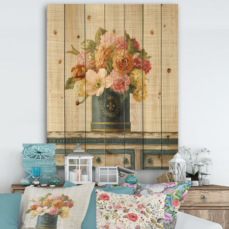 Tulips in Teal and Gold Hatbox on Linen - Cabin & Lodge Print on Natural Pine Wood