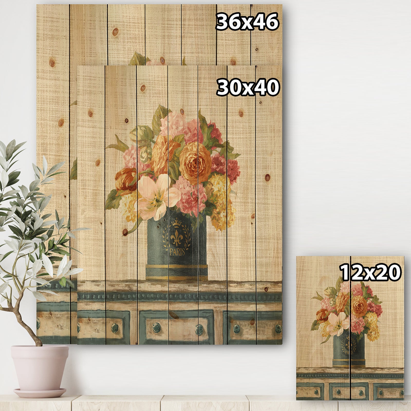 Tulips in Teal and Gold Hatbox on Linen - Cabin & Lodge Print on Natural Pine Wood