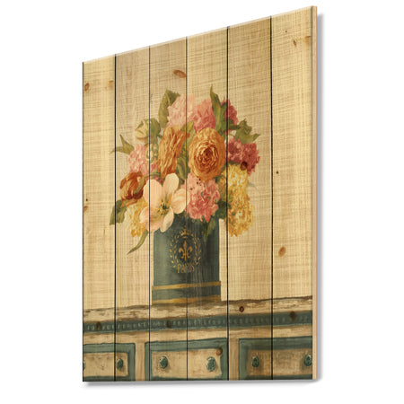 Tulips in Teal and Gold Hatbox on Linen - Cabin & Lodge Print on Natural Pine Wood