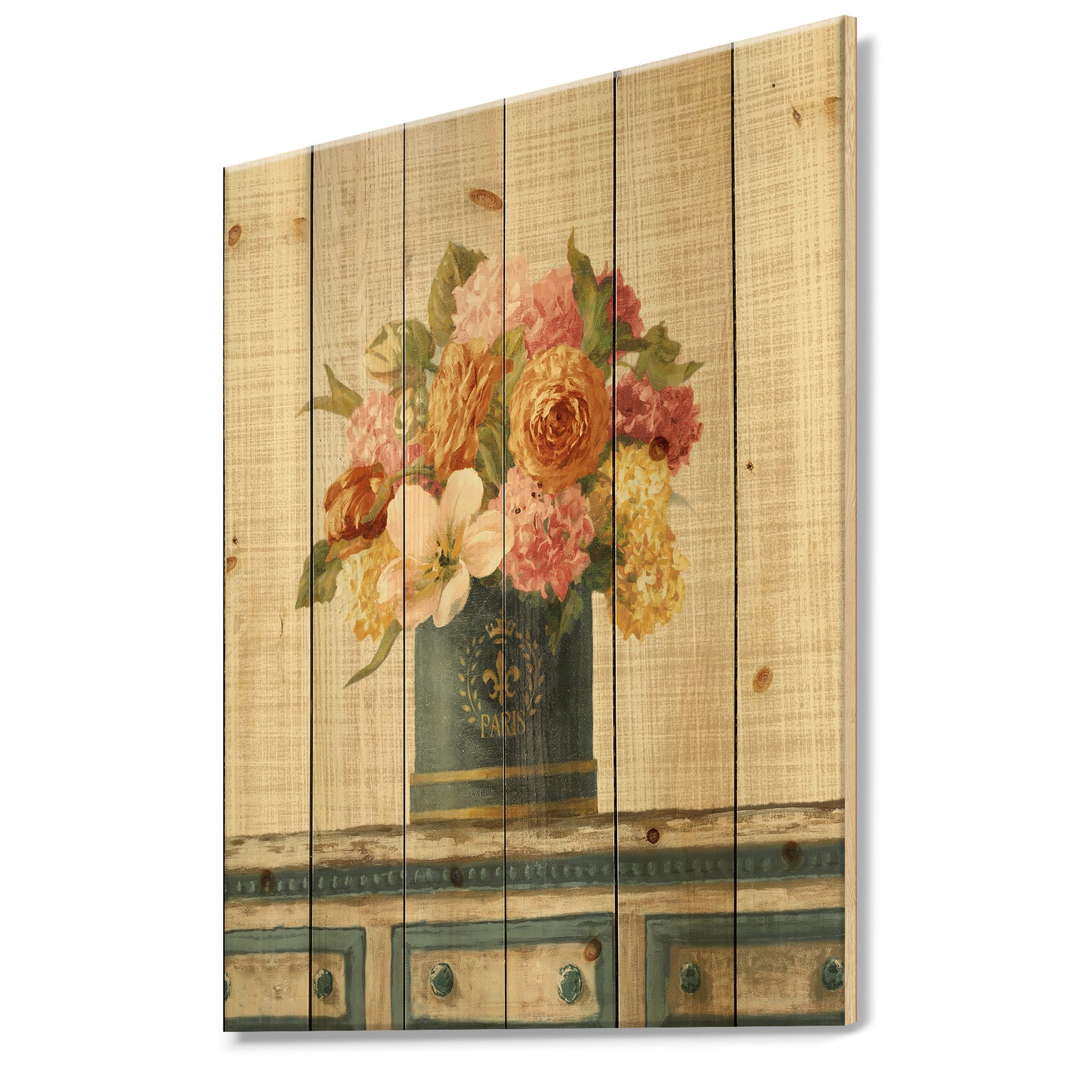 Tulips in Teal and Gold Hatbox on Linen - Cabin & Lodge Print on Natural Pine Wood