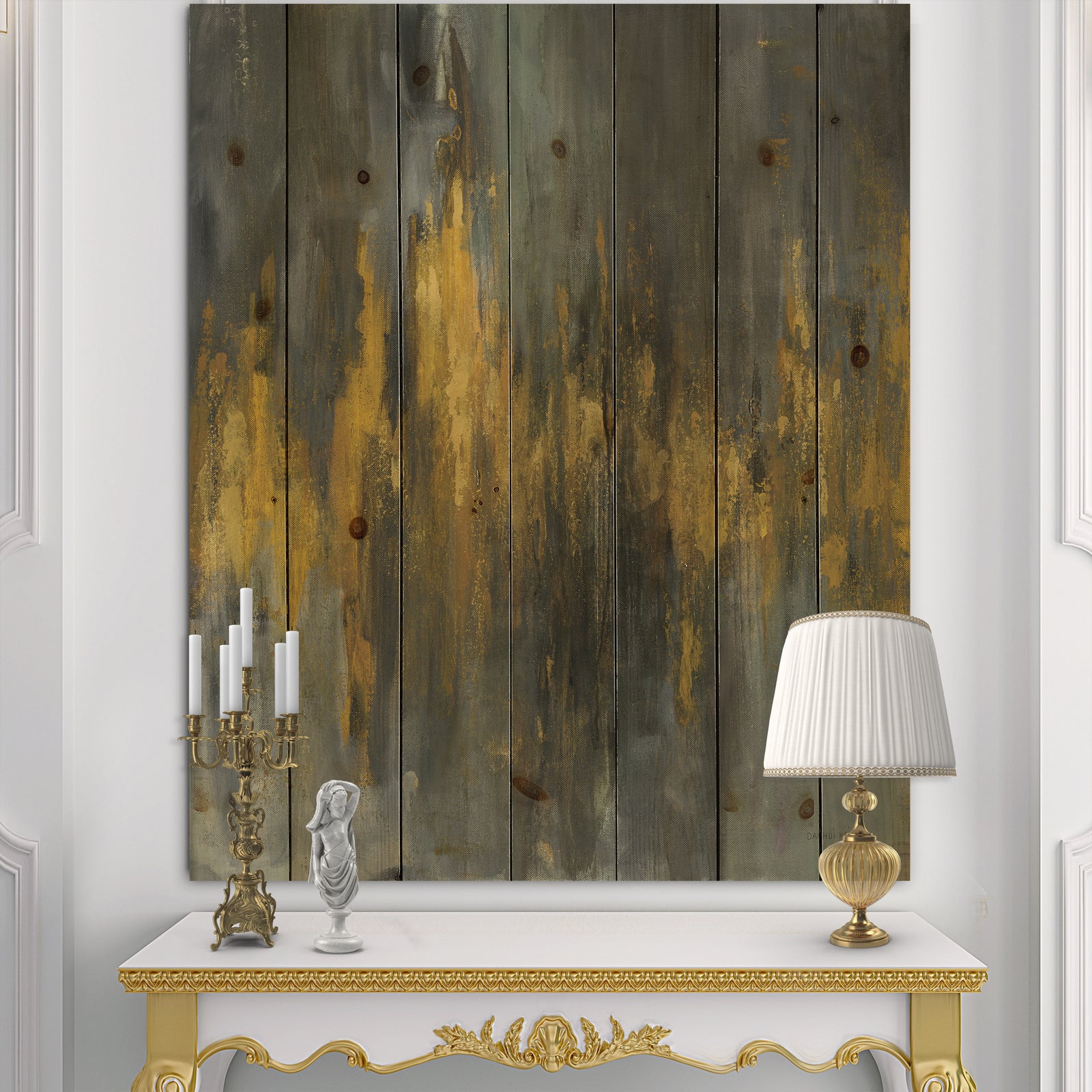 Black and Gold Glam Abstract - Modern & Contemporary Print on Natural Pine Wood