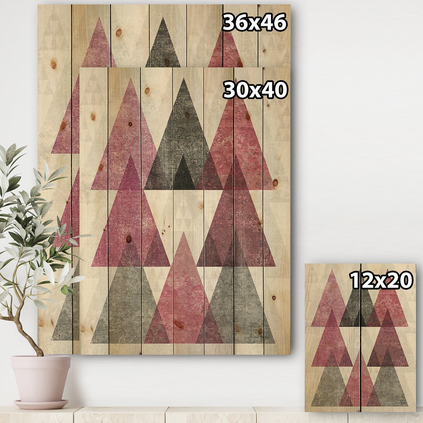 Pink Geometric Mod Triangles I - Mid-Century Transitional Modern Print on Natural Pine Wood