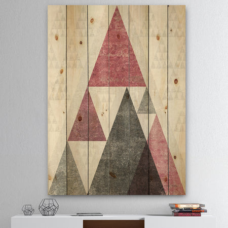 Pink Geometric Mod Triangles II - Mid-Century Transitional Modern Print on Natural Pine Wood