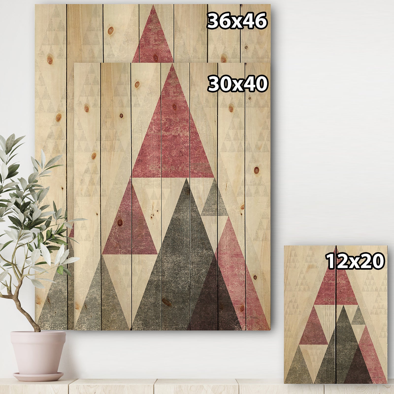Pink Geometric Mod Triangles II - Mid-Century Transitional Modern Print on Natural Pine Wood