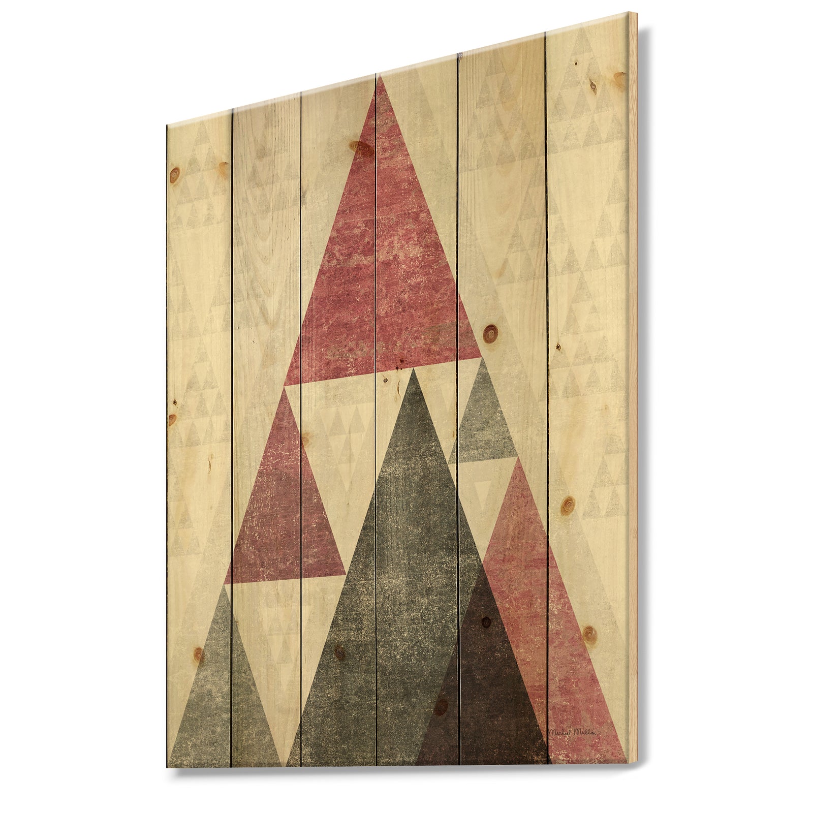 Pink Geometric Mod Triangles II - Mid-Century Transitional Modern Print on Natural Pine Wood