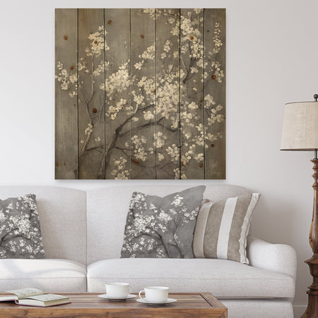 White Cherry Blossoms I - Traditional Print on Natural Pine Wood