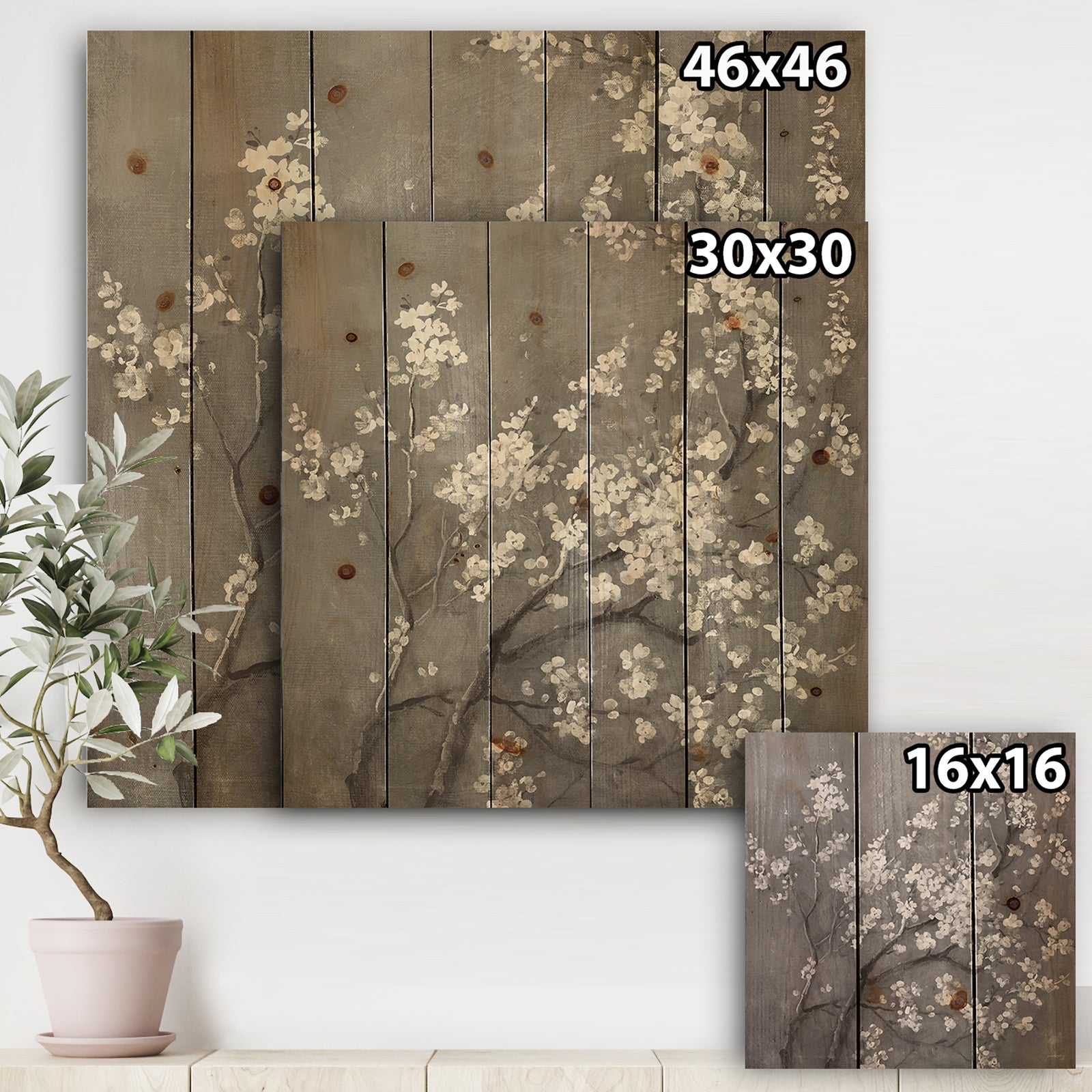 White Cherry Blossoms I - Traditional Print on Natural Pine Wood