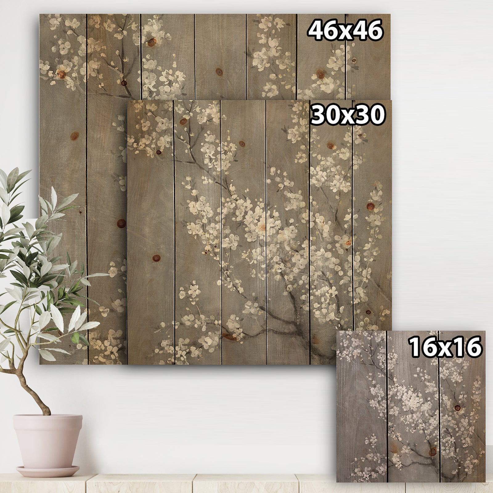 White Cherry Blossoms II - Traditional Print on Natural Pine Wood