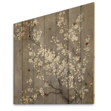 White Cherry Blossoms II - Traditional Print on Natural Pine Wood