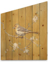 Gold Bird on Blossoms I - Farmhouse Print on Natural Pine Wood