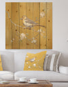 Gold Bird on Blossoms I - Farmhouse Print on Natural Pine Wood